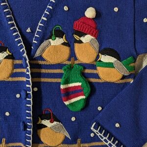 VTG‎ 90s Bird Winter Mitten Crochet PBJ Sport Cardigan Sweater Chunky Snow M